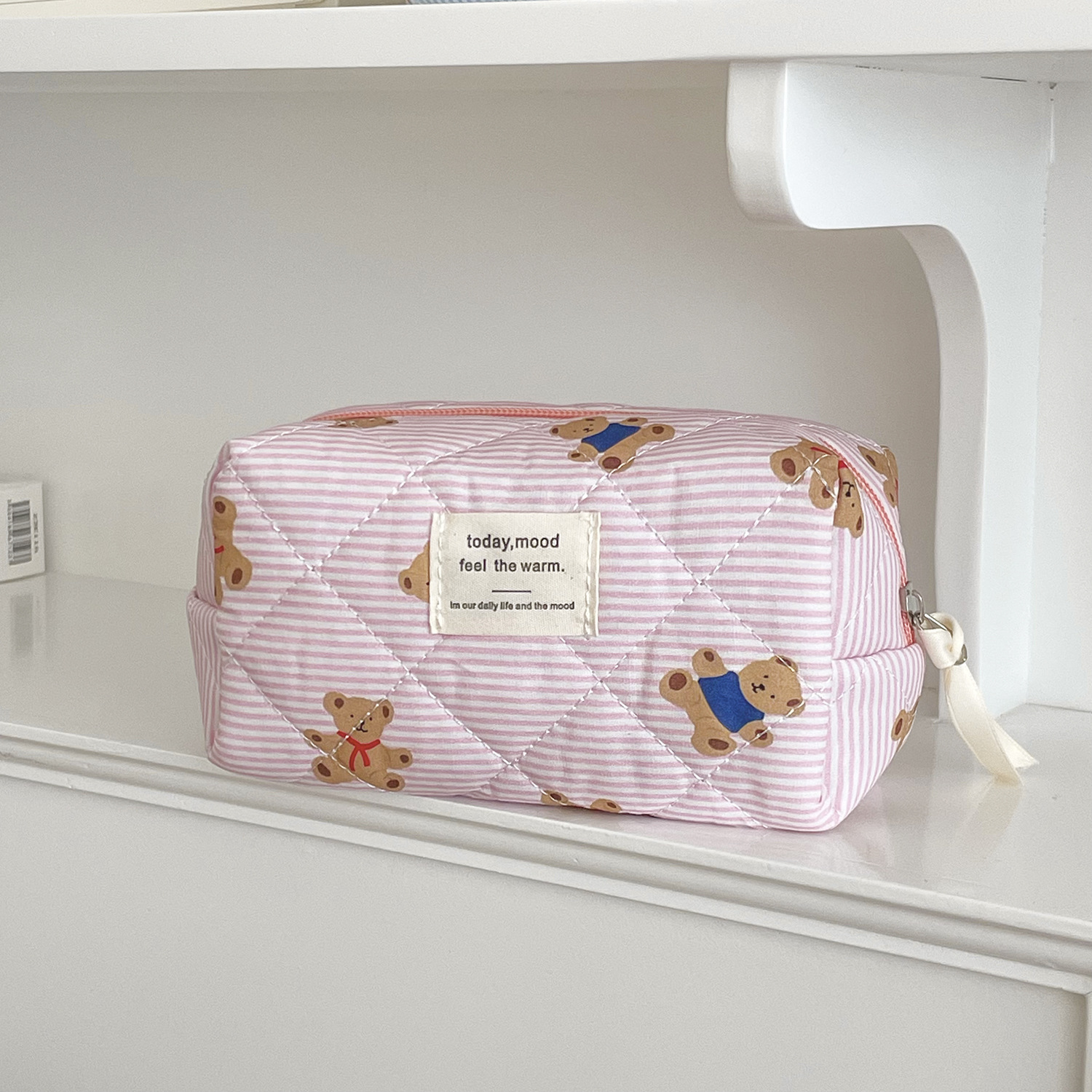 Picture of Cross-Border Pink Striped Bear Cosmetic Bag Student Portable Cute Cartoon Toiletry Bag Quilted Portable Storage Bag