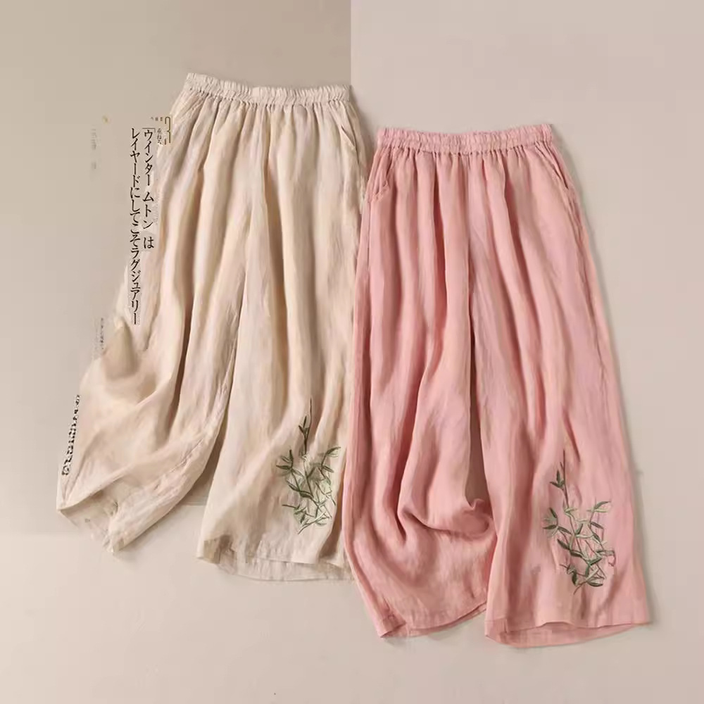 Artistic Draped Cotton and Linen Embroidered Wide-Leg Pants for Women, New Spring and Summer Loose Slimming High-Waisted Straight Casual Pants