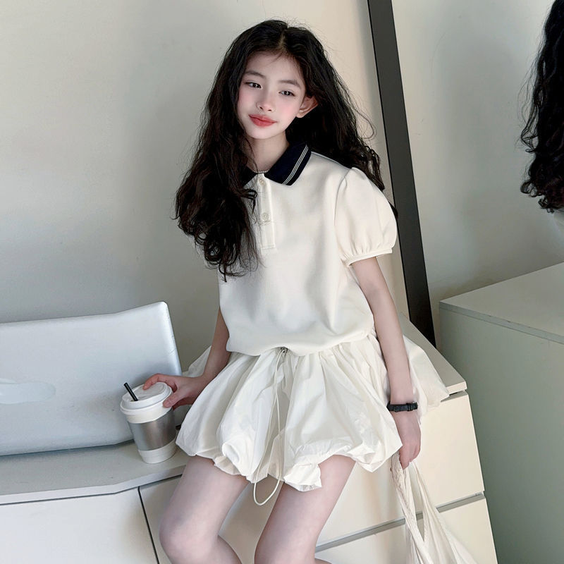 Girls' Summer Korean-style Loose Lapel Skirt for Middle and Big Kids Fashion College Style Summer New Short-sleeved Princess Dress Trendy