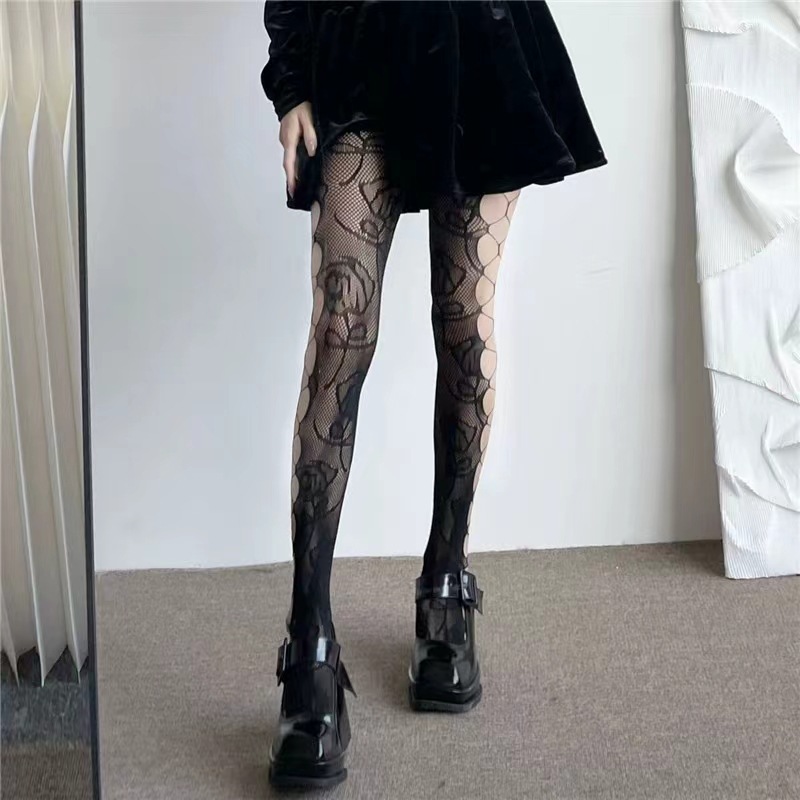 Side Hollow Rose Fishnet Socks Summer Sexy JK Vintage Stitching Strap Pantyhose Women Thin Silk Stockings