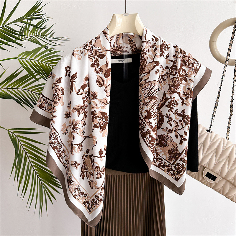 French Elegant Floral Inclined Silk Pattern 90 Large Square Scarf Printed Silk-like Fashion All-match Shawl Outer Scarf Scarf