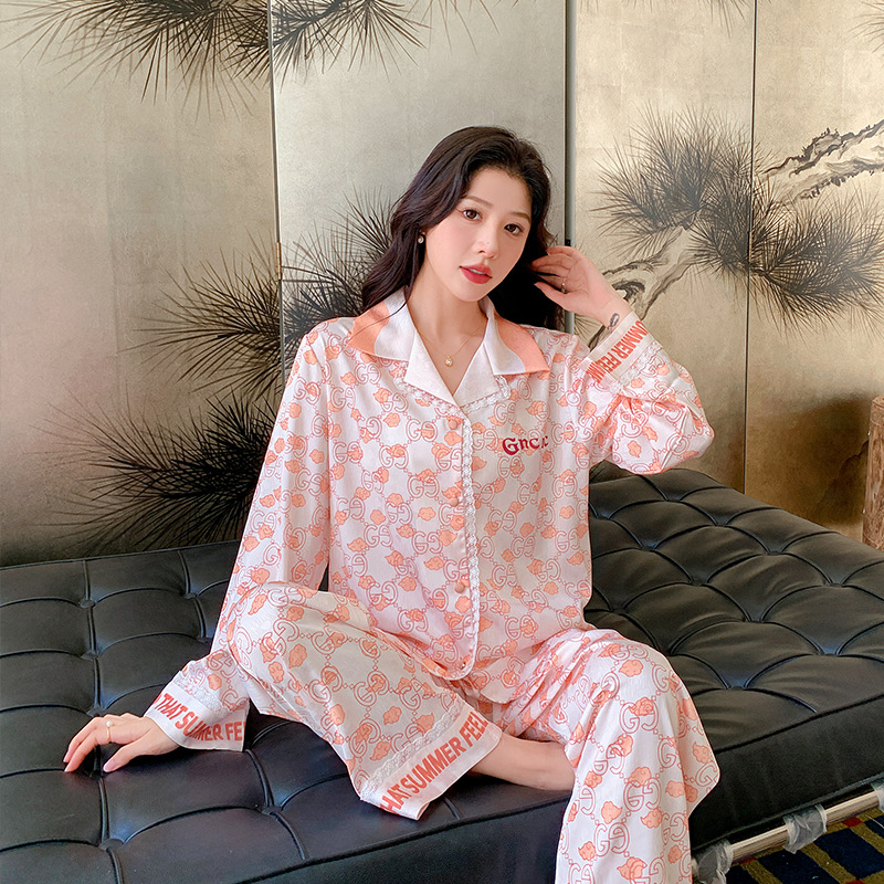 New Women's Spring and Autumn Cardigan Printed Thin High-End Long-Sleeve Long Pants Cute Loose Loungewear Pajama Set