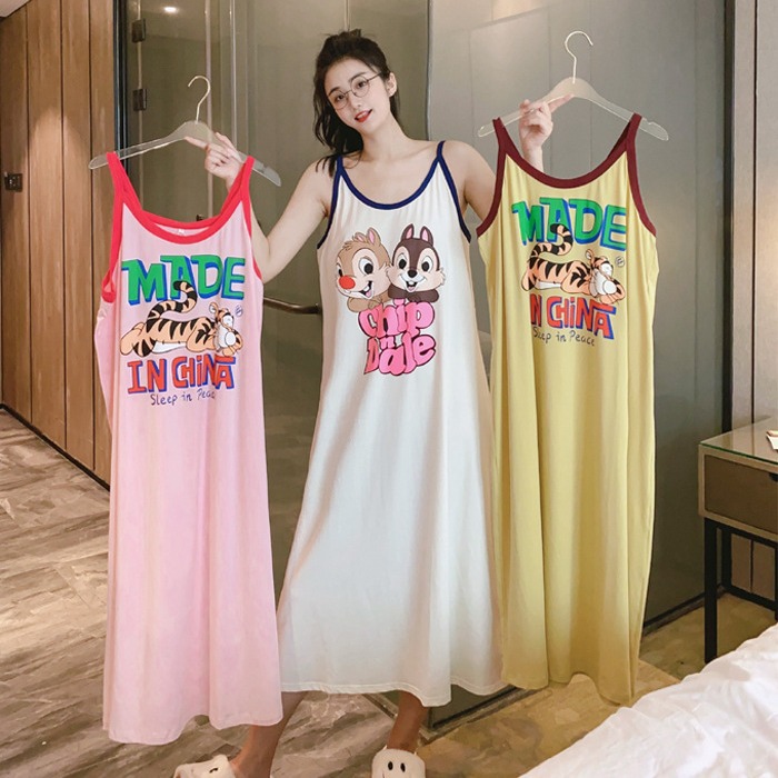 Ins Nightdress Women's Summer with Chest Pad Sweet Southeast Asian Cross-border Cartoon Squirrel Cute Sling Girl Fat MM Wearable
