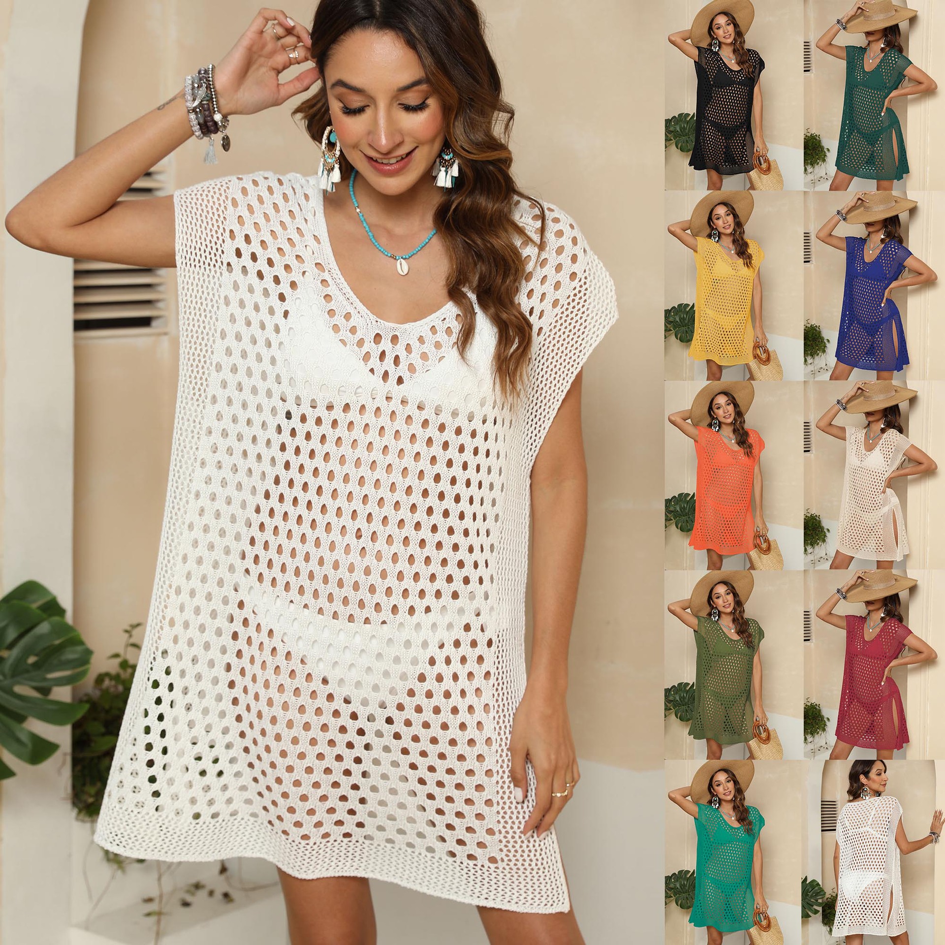 Cross-border European and American Women's Sexy Hollow Perspective Woven Sweater Cardigan Bikini Blouse Beach Dress Z827