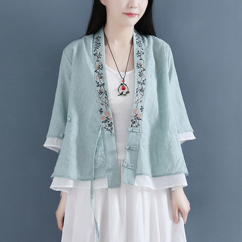 Picture of Cotton and Linen Half Sleeve Shirt Women's 2024 Summer New V-Neck Embroidered Artistic Complex Elegant Middle Sleeve Cardigan Shirt