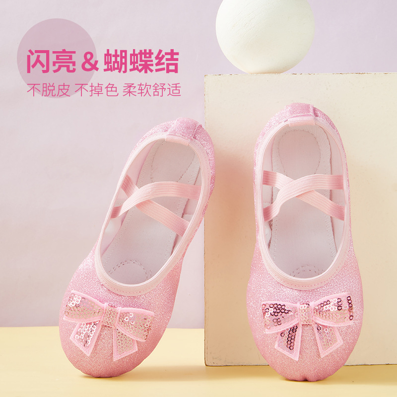 Picture of New Style Dance Shoes Lace-up Free Children's Soft Sole Practice Shoes Korean Style Sequin Bow Ballet Cat Claw Shoes for Girls