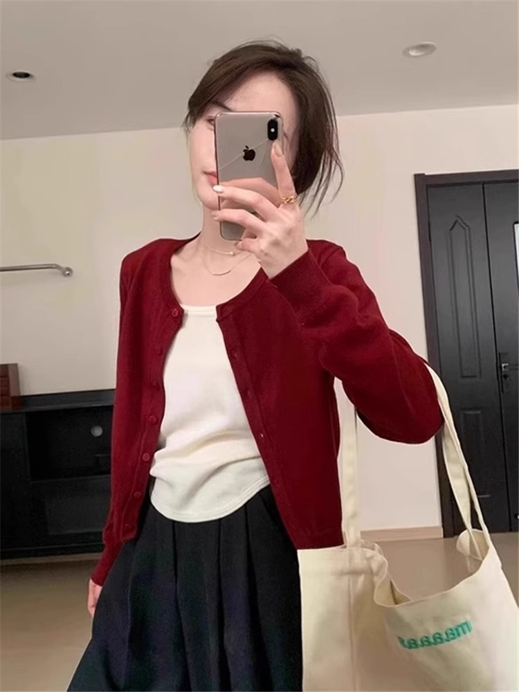 Fashion All-match Wool All-match Short Cardigan Autumn 2024 New Korean Style Round Neck Elegant Slim Sweater Top
