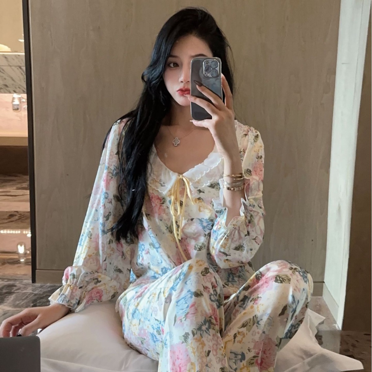 Yase [Hyde Garden New] New High-End Floral Print Long-Sleeved Women's Pajamas Women's Spring Suit
