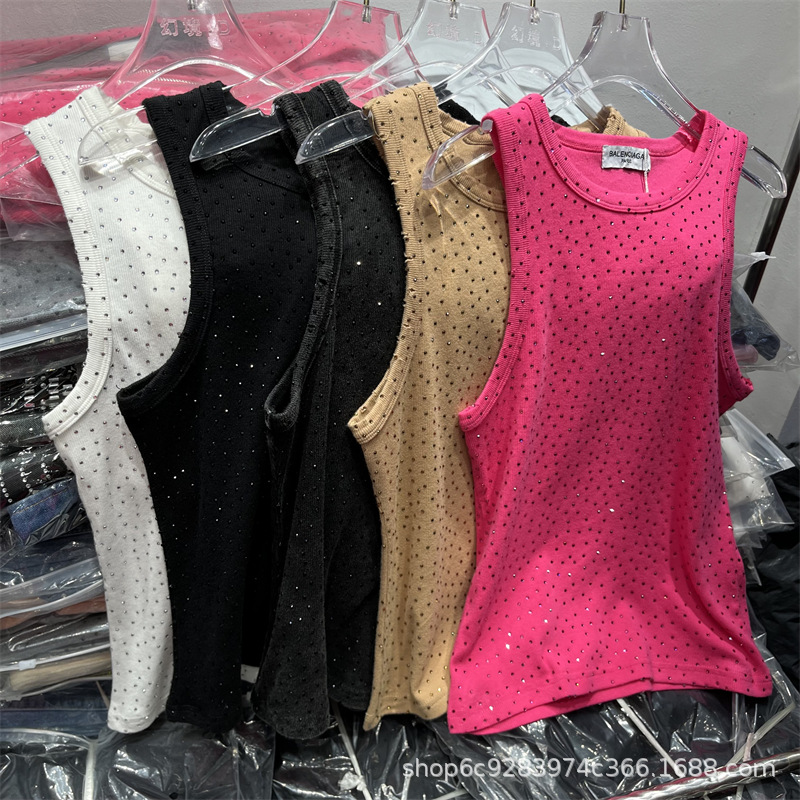 Summer 2024 New Arrival Heavy Industry Hot Drilling Gipsophila Design Sense Niche Short Vest Sling Top All-match Base Women