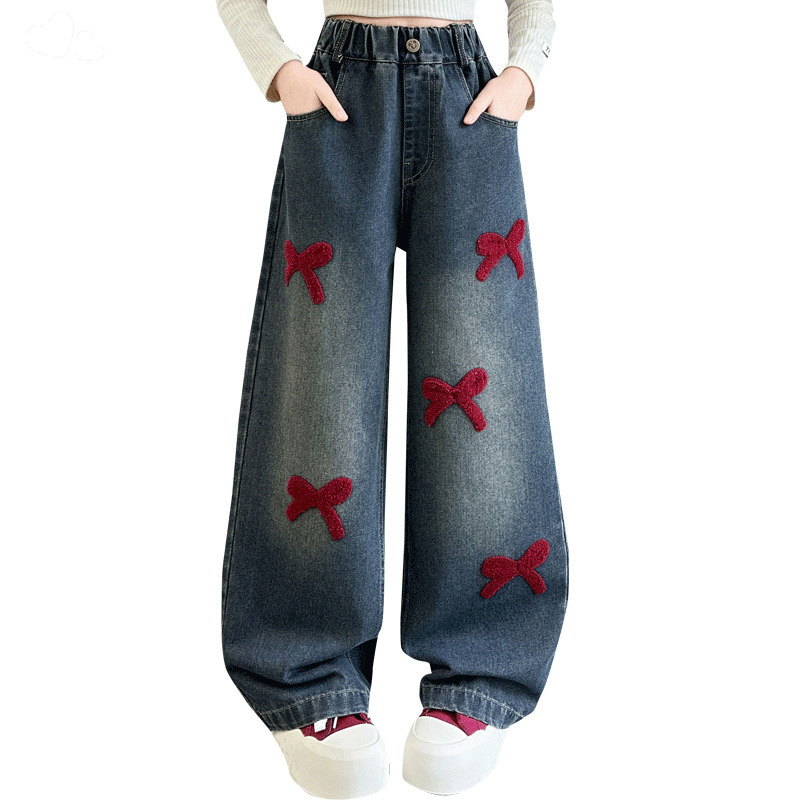 Picture of Girls' Spring Jeans 2025 New Korean Style Middle and Big Children's Fashionable Towel Embroidered Wide Leg Pants Trendy Trousers