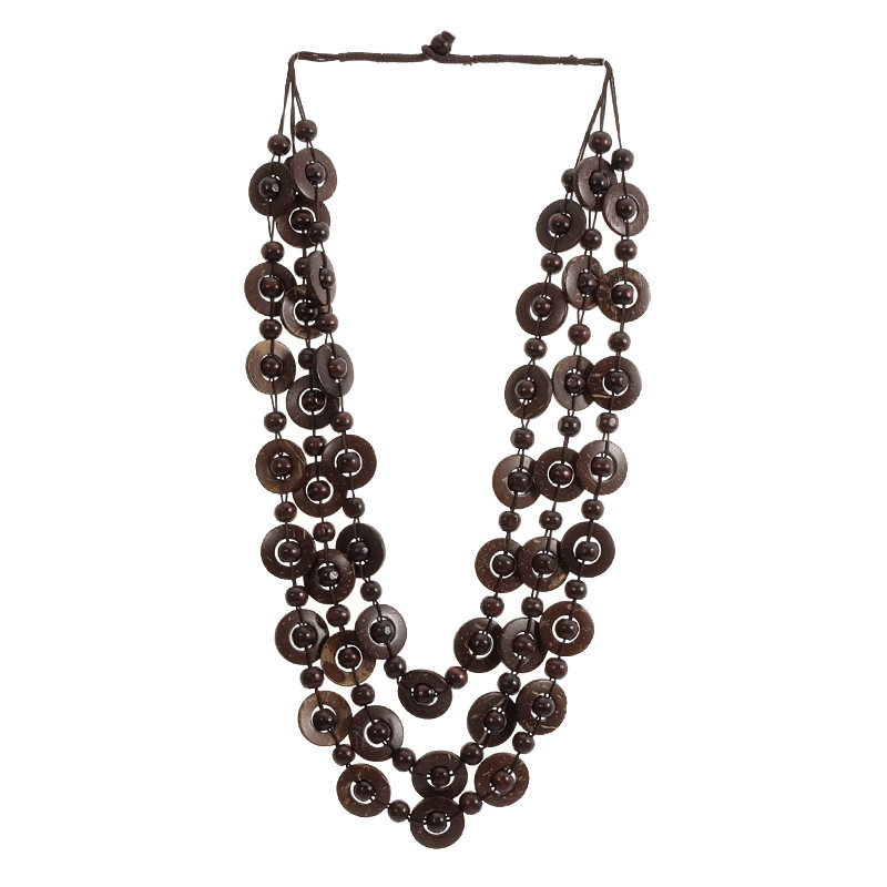 Picture of Bohemian National style necklace coconut shell pendant color multi-layer beads retro woven long necklace women