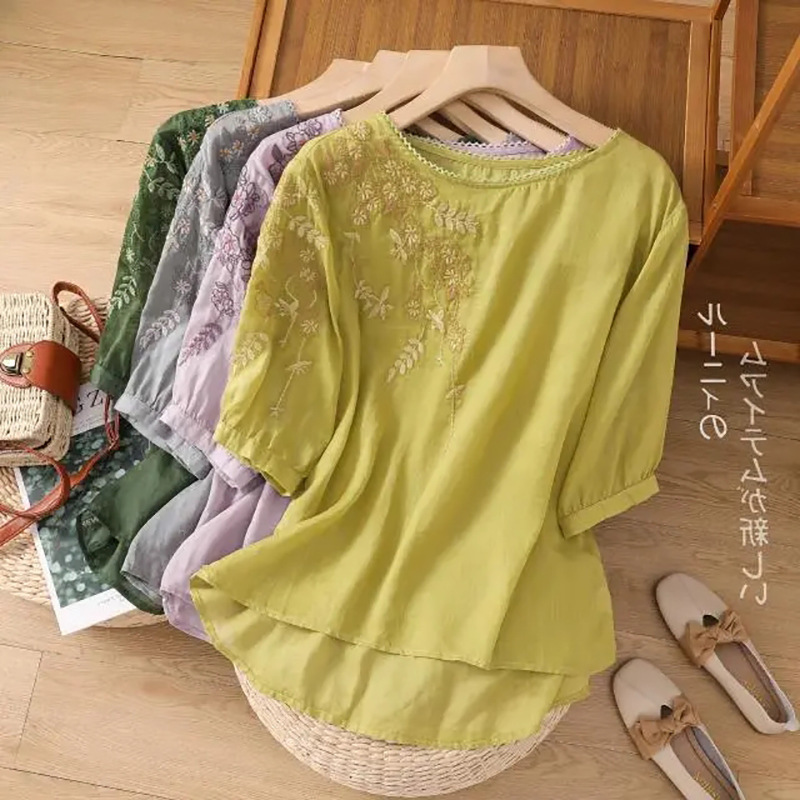 Summer Linen Embroidered Short-sleeved Design Sense Loose Casual Slimming Flesh Covering T-shirt Women's Artistic Top