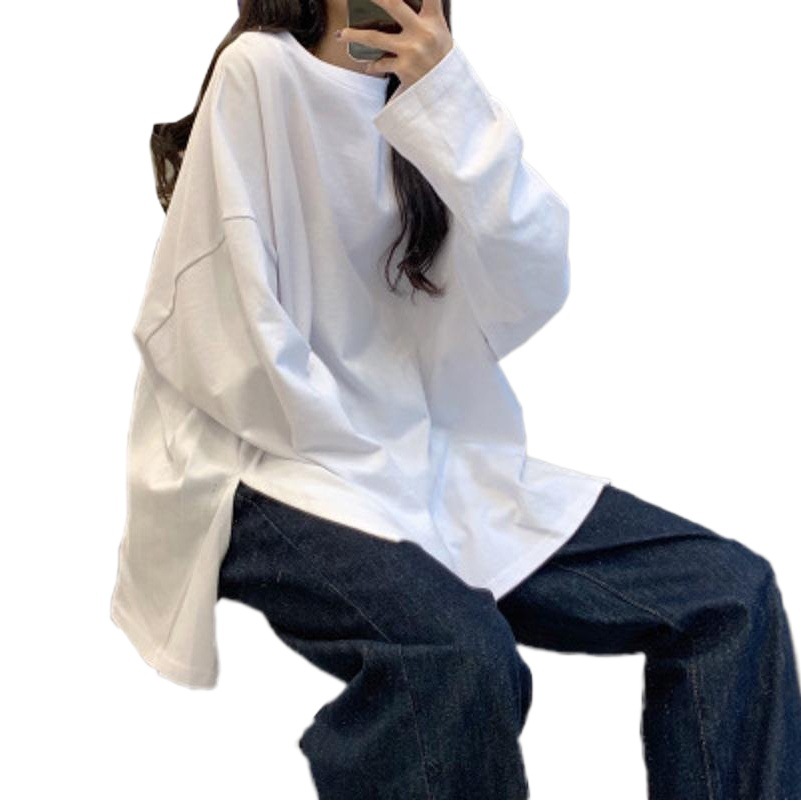2025 Autumn Slit Solid Color Long-Sleeve T-Shirt for Women, Fashionable Base Shirt, Korean Style Trendy Student Outerwear, Loose Top