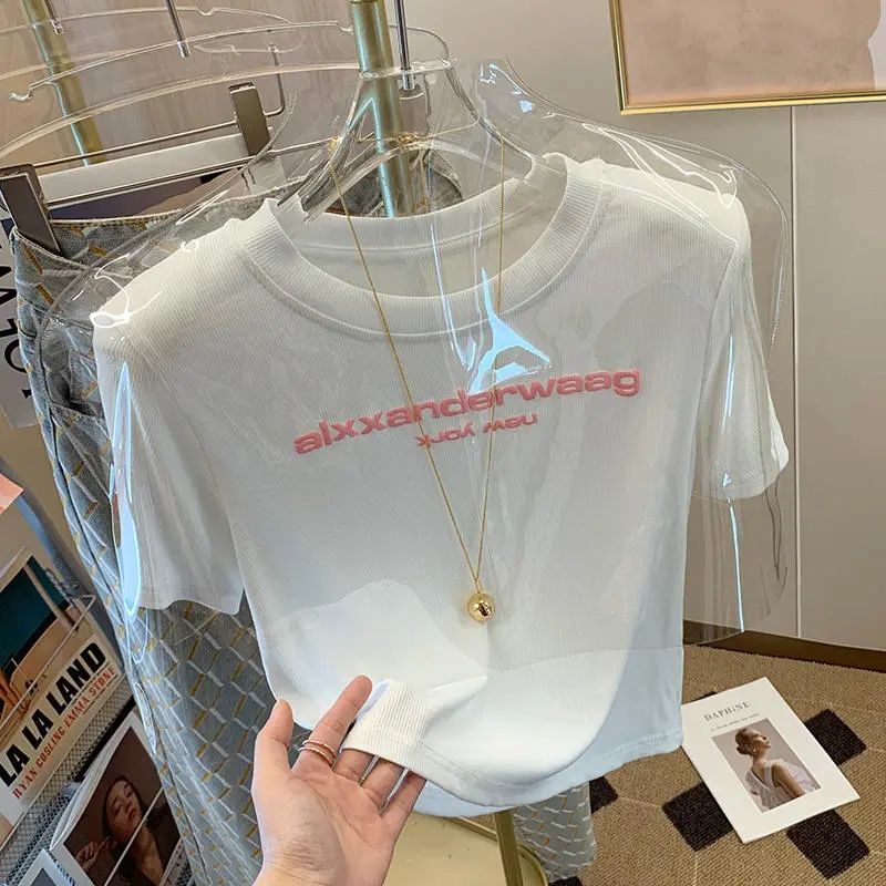 Solid Color Letter Short-sleeved T-shirt Women's 2024 Summer New Fashion Elegant Slim-fit Age-reducing All-match Niche Chic Top
