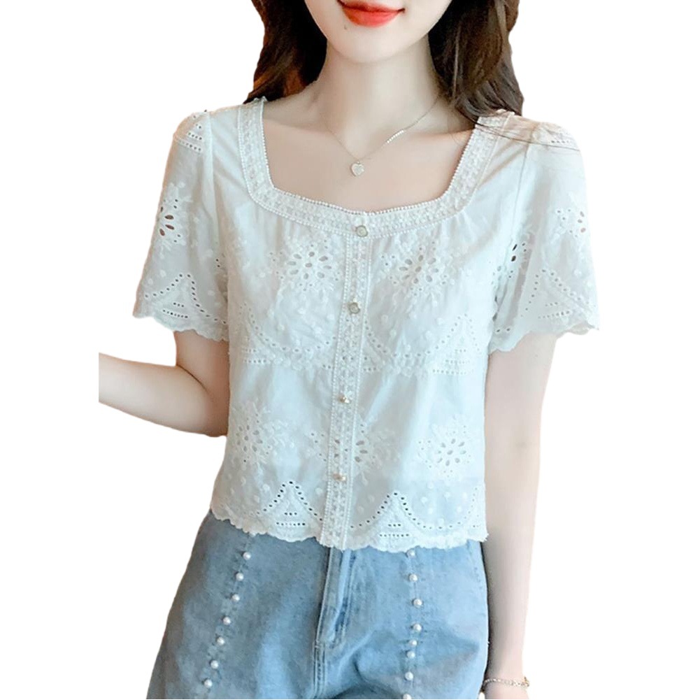 2023 summer new vintage hollow lace short sleeve shirt women's short western style all-match slim square collar top