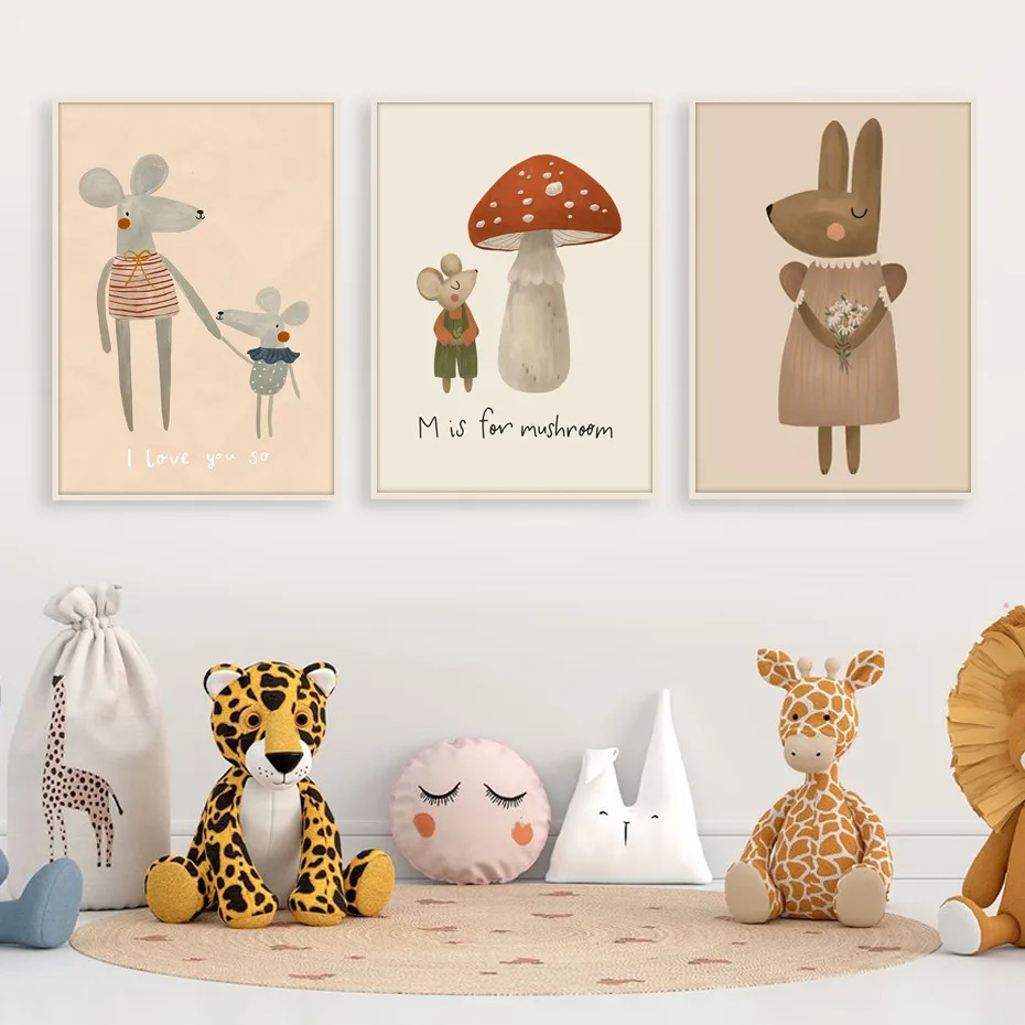 Flower mouse rabbit children's room decorative painting cartoon small animal hanging painting cute living room poster bedroom Nordic