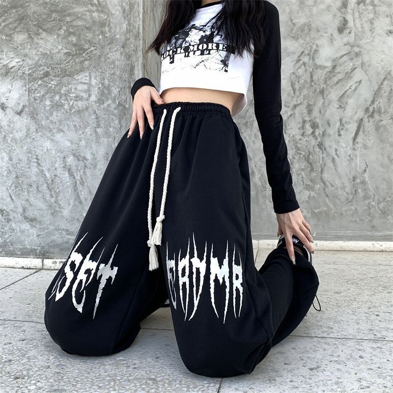 New Printed Casual Wide-leg Pants Women's Autumn New High Waist Slimming Design Drawstring Sports Pants Trendy