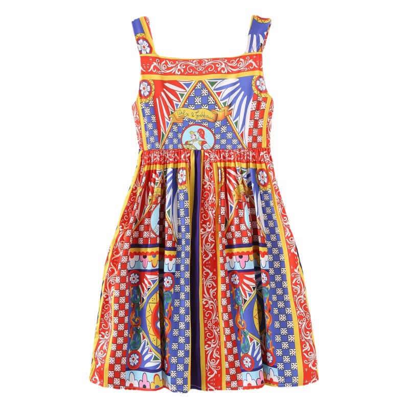 2025 New D Family Skirt Girls Bohemian Style Dress European and American Style Retro Suspender Skirt Cross-Border Hot Style