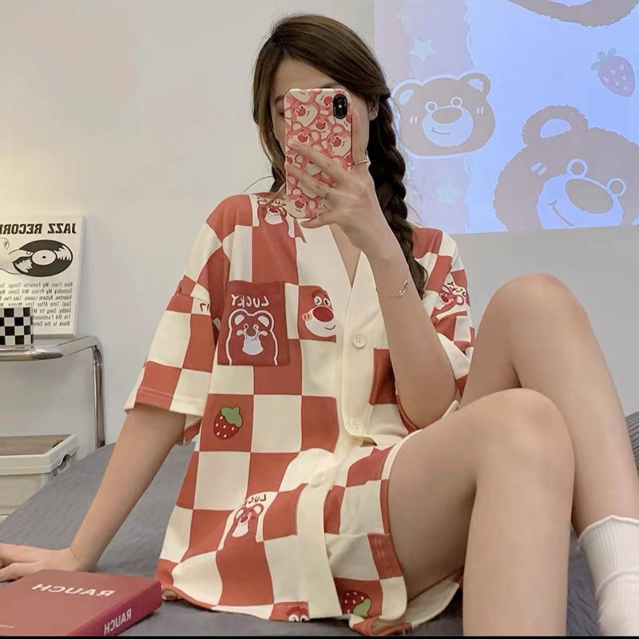 Summer Pajamas Women's plus size Cardigan Cartoon 2025 New Cyber Popular Short-sleeved Shorts Home Clothes suit Strawberry Bear