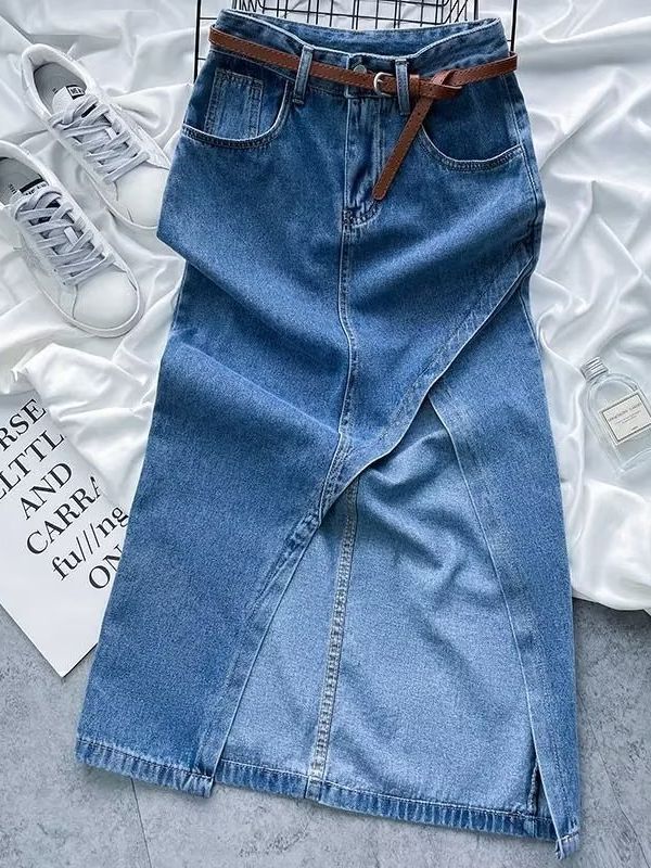 Picture of Blue High Waist Irregular Split Denim Skirt Women's 2023 Summer Slim-fit Slimming Sexy Hip Mid-length Skirt