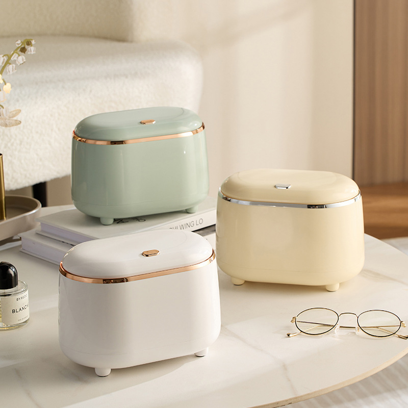 Patent product light luxury style Press desktop small trash can TikTok cross-border table Oval elastic cover storage tube