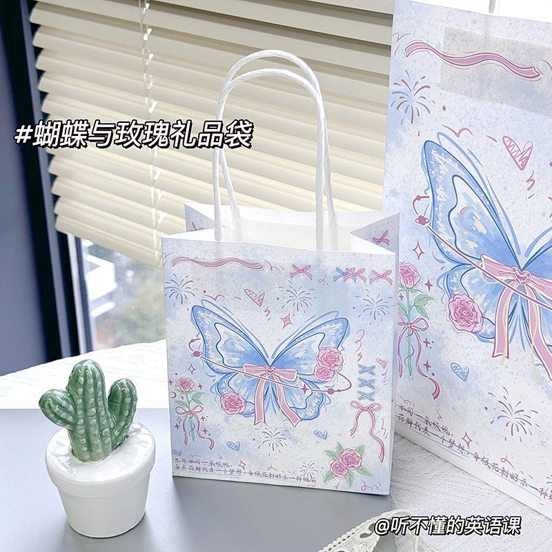 Ins High-value Rose Butterfly Gift Bag New Hand-painted Gift Handbag Thickened Kraft Paper Bag Exquisite