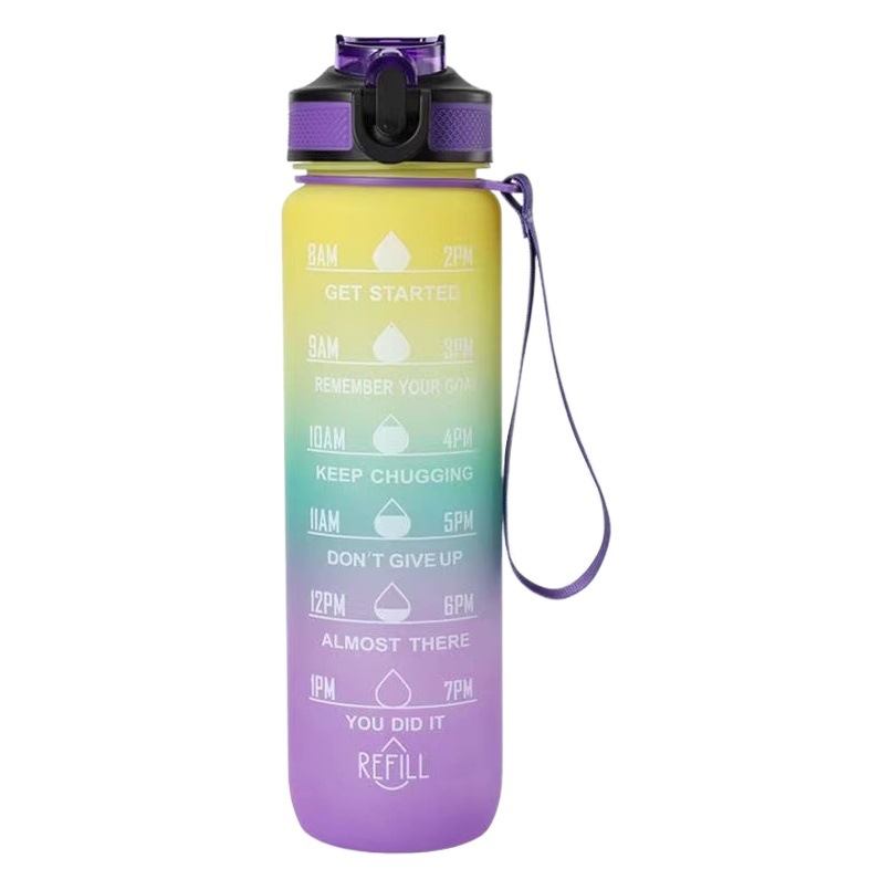 Popular 1000ml Gradient Color Space Cup Frosted Plastic Cup Outdoor Sports Straw Water Cup Time Scale Cup