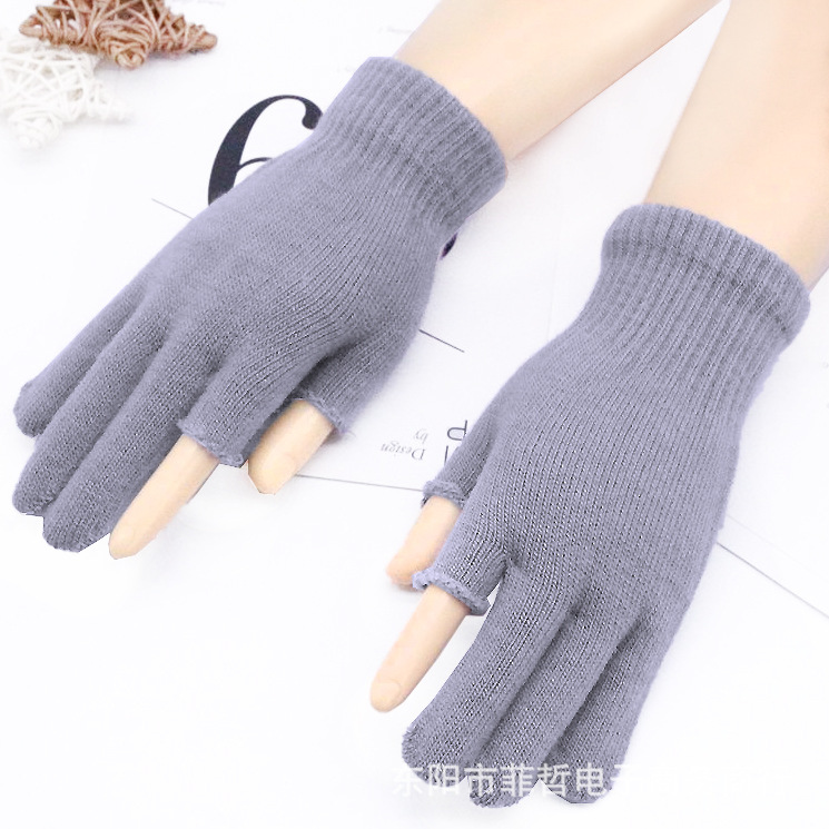 Touch Screen Gloves for Men and Women Couple Autumn and Winter Warm Two-Finger Drain Half-Finger Writing Gloves Students Driving Wool Knitted