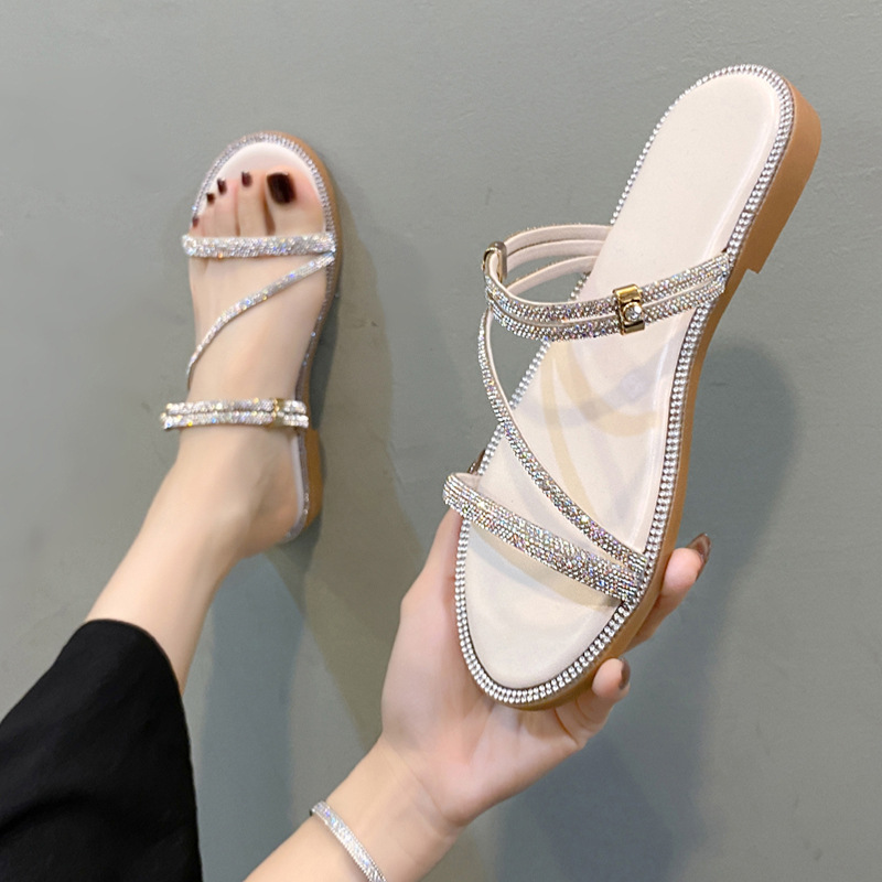 Sandals and slippers women's summer wholesale new popular flat rhinestone fashion outwear ladies all-match two-wear beach sandals