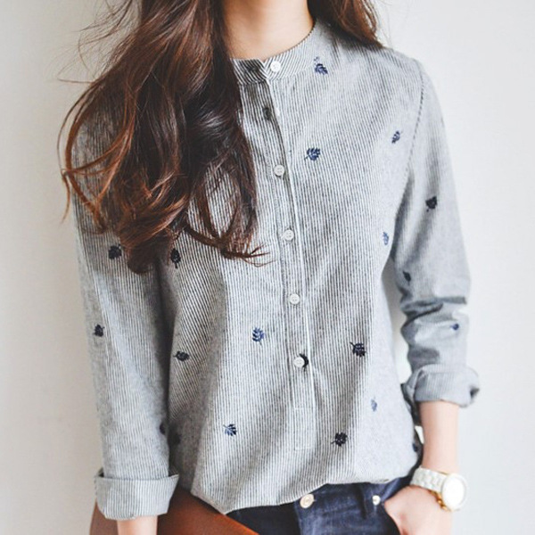2022 Spring and Autumn New striped color matching leaves embroidery Korean style stand collar shirt long sleeve slim women's base shirt