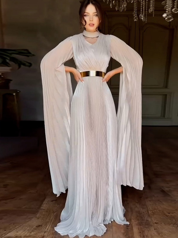 Cross-Border Amazon 2024 European and American Autum New V-Neck Belt Long-Sleeved Transparent French Elegant Dress