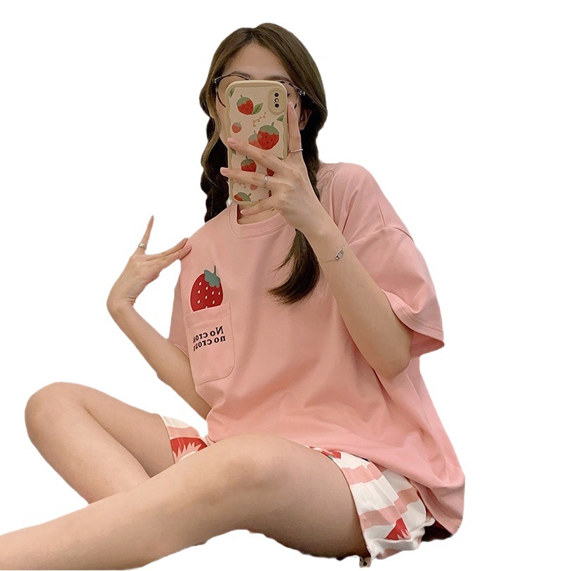 Short Sleeve Imitation Cotton Pajamas Women's Spring and Summer Suit Cute Cartoon Loose Sweet Students Can Wear Thin Outer Home Clothes