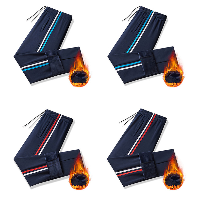 School Pants fleece-lined Thickened Junior High School Primary School Uniform Pants Red and White Bar Students Blue and White Bar Two Bar Winter Pants