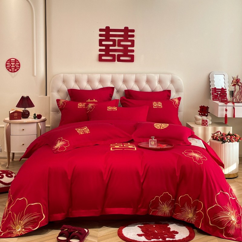 Picture of Chinese-style High-grade Wedding Four-piece Set Big Red Embroidered Wedding Dowry Quilt Cover Bed Sheet Newlywed Wedding Room Bedding