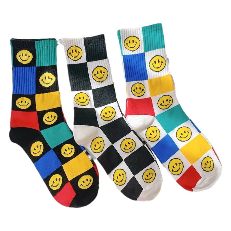 South Korea Dongdaemun socks women's colorful plaid spring and summer smiley face ins tide socks mid-calf sports pile socks personality