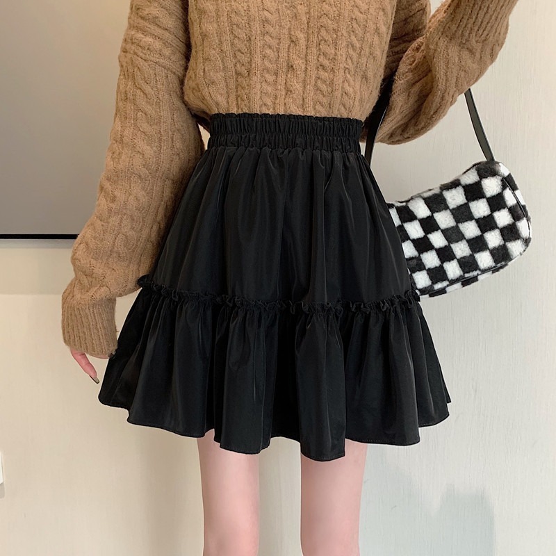 Sweet Cool Pleated Skirt Women's Spring Small High Waist A- Line Cake Skirt Winter Sweater Umbrella Skirt Black