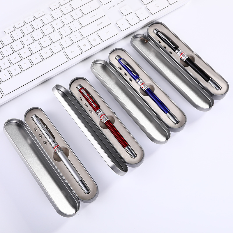 LED pointer lamp Metal Ballpoint Pen laser logo multifunctional four-in-one laser retractable pointer pen spot