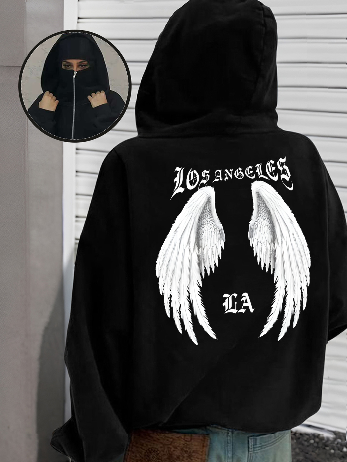 230g Sweatshirt/100% Polyester/Ladies Fashion Wings Print Street Style Barak Double Hooded Double Collar Sweatshirt
