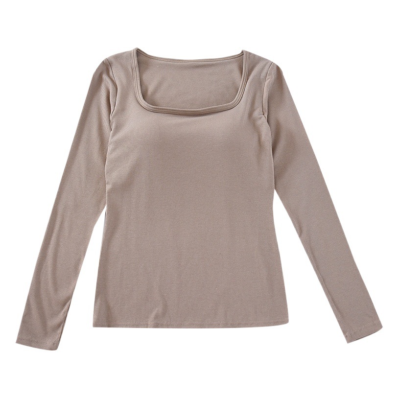 Autumn and Winter new square collar long sleeve with chest pad slim warm top large neckline bottoming shirt wireless underwear for women