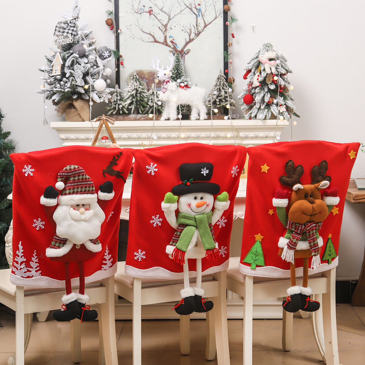 Cross-border new Christmas fabric cartoon Three-dimensional doll raise your hand long leg chair cover kitchen dining table dress up props