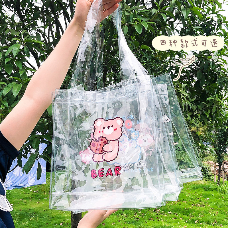 Small fresh student waterproof stationery storage bag transparent satchel cartoon PVC plastic tote bag factory wholesale