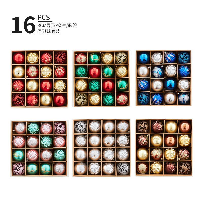 8cm hollow Christmas ball 16pcs suit special-shaped ball painted plastic ball ps Christmas tree pendant Amazon cross-border