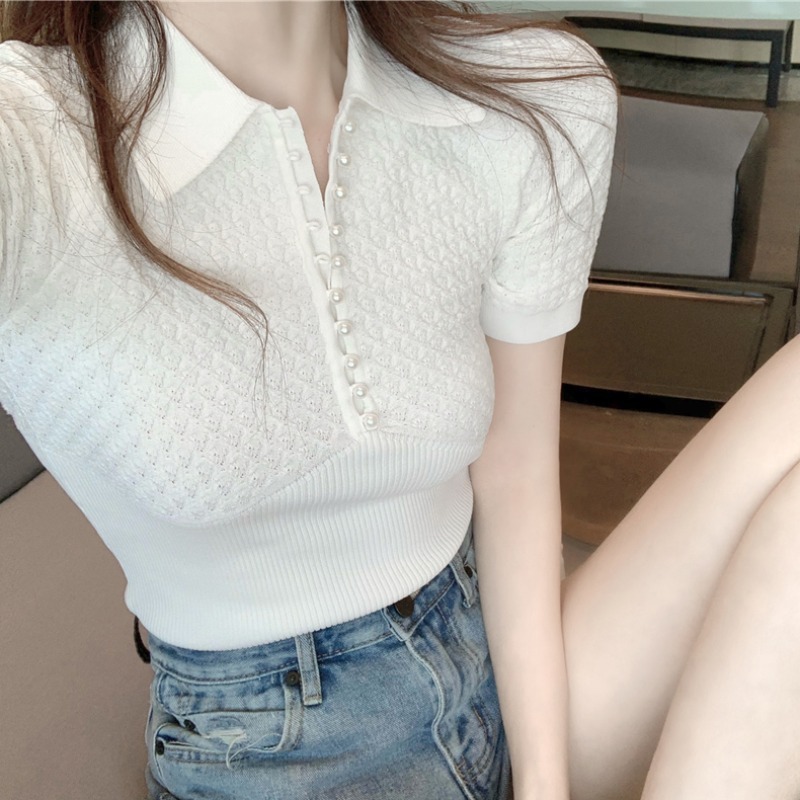 Picture of 2024 New Summer Korean Style Sweet Elegant White POLO Collar Shirt Crochet Knitted Pearl Buckle Top Women's Trendy