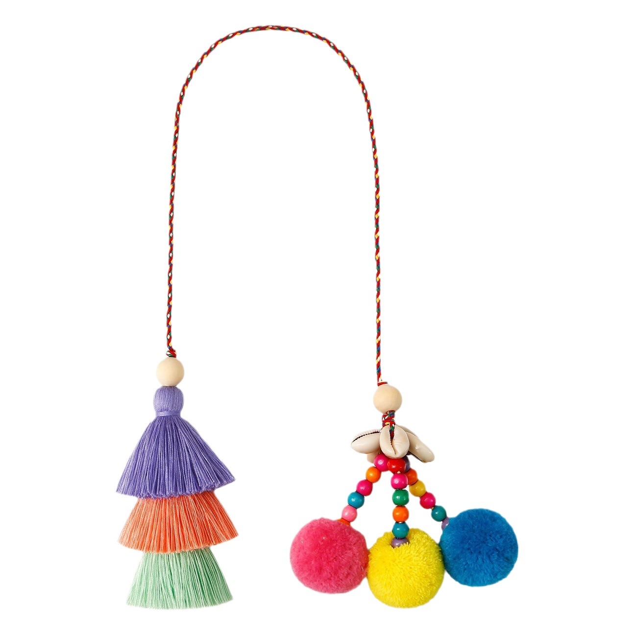 Vintage Ethnic Style Bag Hanging Ornaments Bohemian Ocean Style Handmade DIY Woven Fur Ball Shell Tassel Pendant