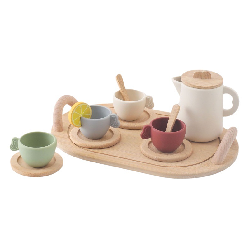Nordic Style Baby Play House Toy Afternoon Tea Household Silicone Teapot Wooden Coaster Toys for 3 to 6 Years Old Children