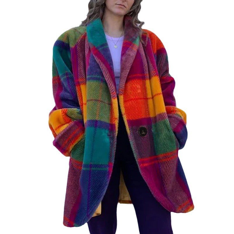Picture of 2025 Cross-Border European and American Autumn Export Women's Clothing Amazon Long-Sleeved Lapel Color-Blocked Outwear Printed Woolen Long Outwear
