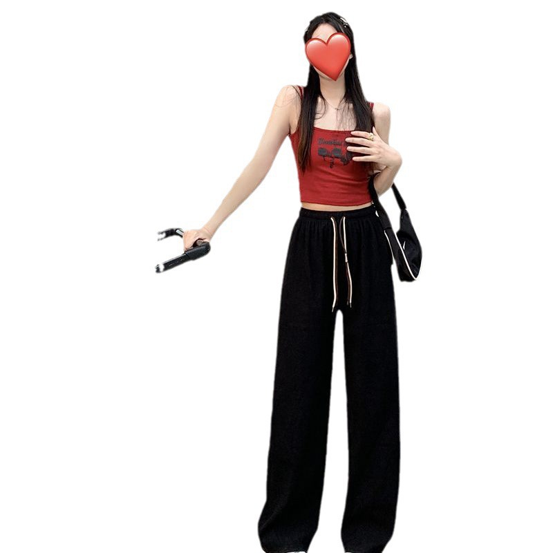 Picture of Grooved Cotton Velvet Smiley Face Double Drawstring Wide-Leg Pants for Women, Spring and Autumn High-Waist Drapey Loose Straight Ultra-Thin Stripe Casual Pants