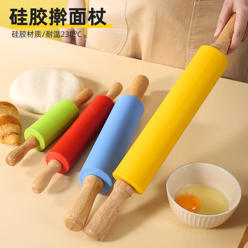 Picture of Silicone Rolling Pin Rotary Roller Rolling Pin Kitchen Wooden Handle Rolling Pin Dumpling Wafer Flour Fat Baking Utensils