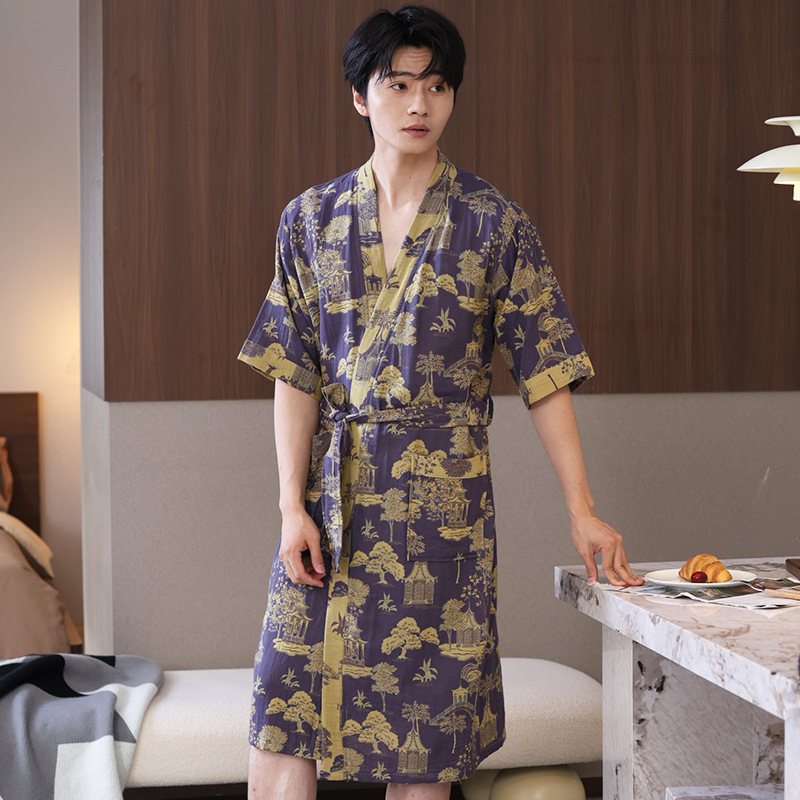 Picture of Class A Spring and Summer Thin Pajamas Pure Cotton Double Gauze Bathrobe Home Clothes Nightgown Couple's Water Absorbent Quick-drying Bathrobe