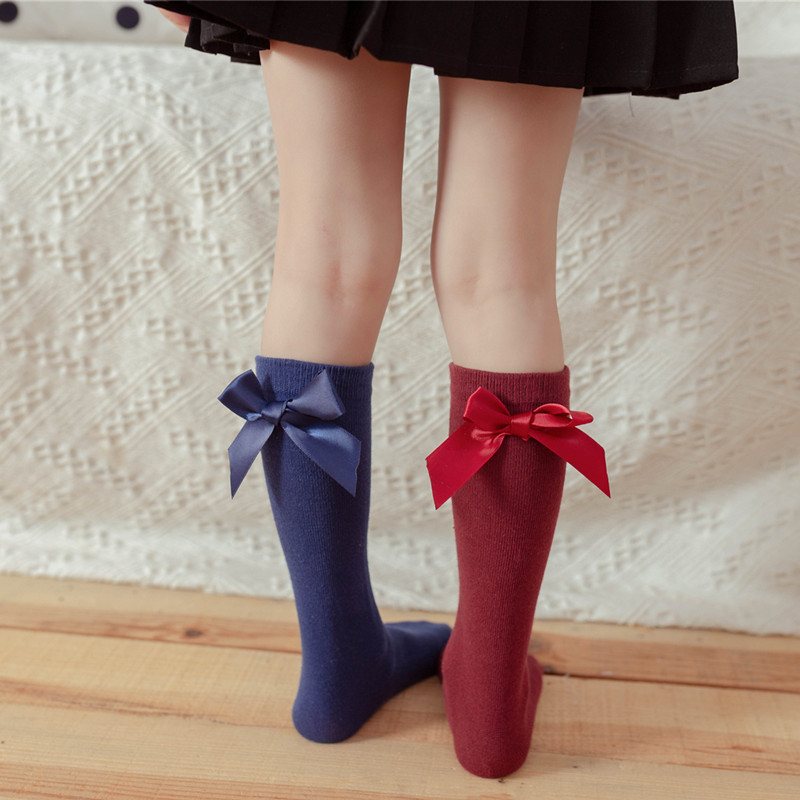 Picture of Children's Mid-Calf Socks, Solid Color Bowknot, Suitable for Both Small and Large Children, Slouch Socks That Can Be Worn Front or Back, Straight Tube, No Heel Socks for Girls